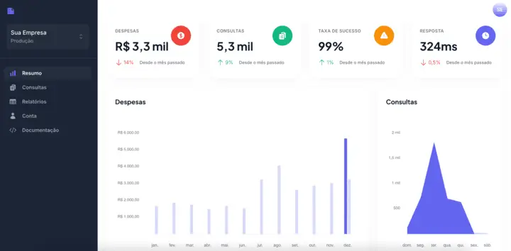 Resumo de despesas, consultas e taxa de sucesso no dashboard da API Consultas